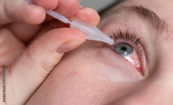 Obraz Close up of a woman applying eyedrops on red infected eye with conjunctivitis at home