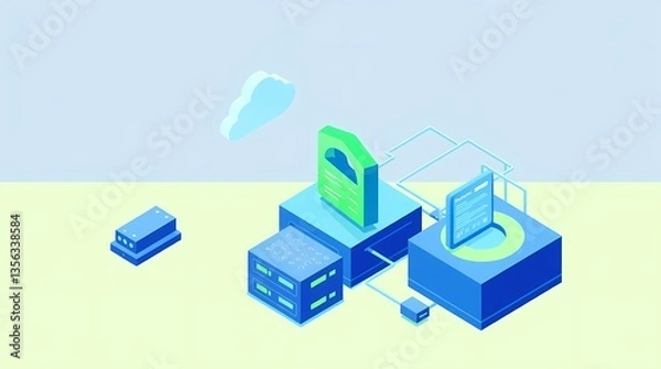 Fototapeta Digital Fortress: An isometric illustration captures the essence of digital security and secure data storage, featuring a stylized lock, servers, and network connections.