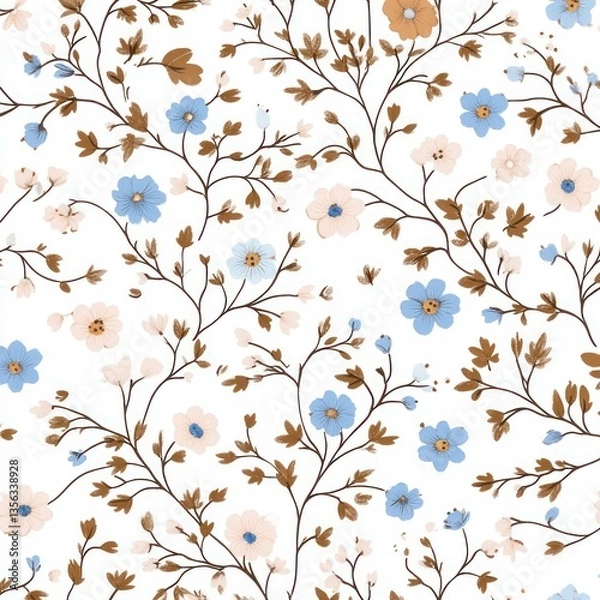 Fototapeta A pastel pink  blue  and brown small floral pattern on a white background