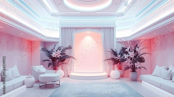 Fototapeta Serene Interior Oasis: A modern, stylish interior with a pastel color scheme, featuring elegant furnishings and lush plants, exuding an atmosphere of tranquility and sophistication. 