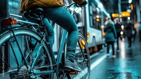 Fototapeta Person on Bicycle Waiting at Train Station in Urban Environment