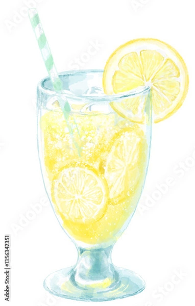 Obraz グラスに入ったレモンスカッシュの水彩イラスト