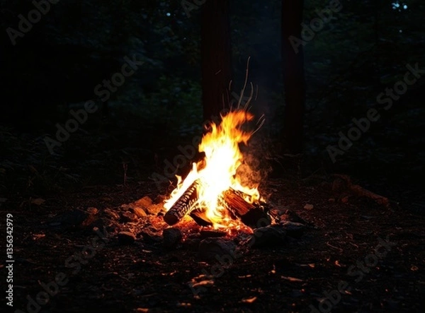 Fototapeta campfire at night, the flames flickering softly against a dark background.