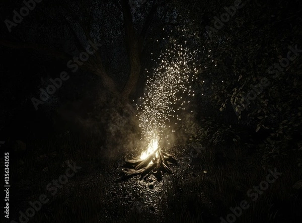 Fototapeta campfire at night, the flames flickering softly against a dark background.