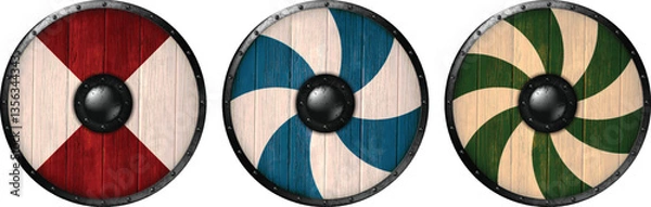 Fototapeta Set of three viking shields. A wooden shields bound with iron, featuring the Scandinavian Viking symbols. Realistic illustration.Print