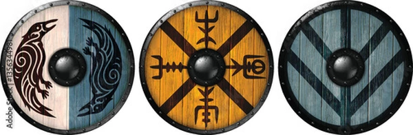 Fototapeta Set of  three  wooden shields bound with iron, featuring the Scandinavian Viking symbols and runs. Realistic illustration.Print