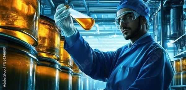 Fototapeta A scientist in a blue lab coat and white gloves is holding 