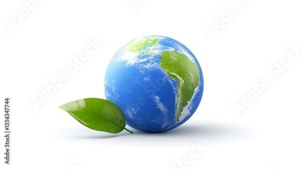 Obraz Green leaf next to a 3D Earth globe.