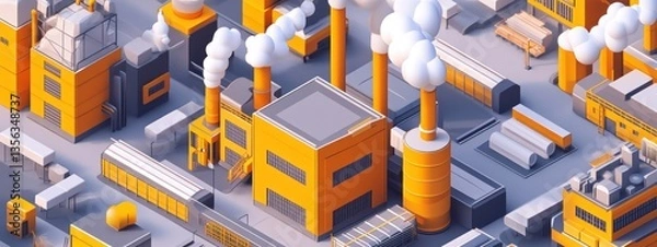 Fototapeta A set of cute low-poly factory icons