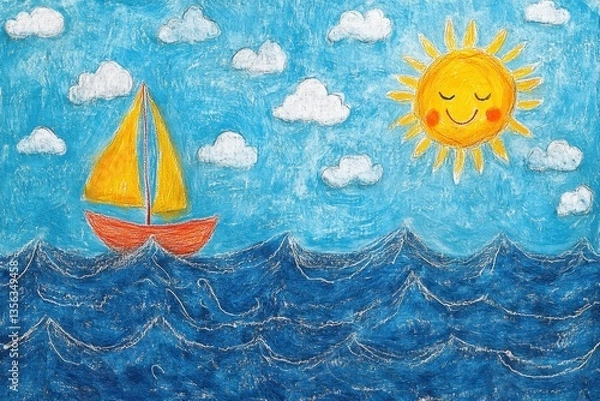 Fototapeta Sailboat's Sunny Voyage: A charming hand-drawn image of a sailboat navigating the ocean under the smiling sun, a serene depiction of a coastal scene, evoking feelings of freedom, playfulness.