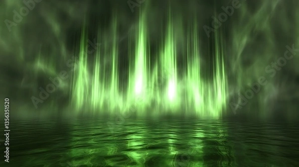 Obraz Green light beams reflecting on water surface with smoke.