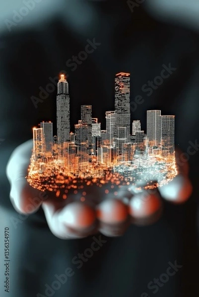 Obraz Digital Cityscape Model Displayed in Hands Against Dark Background