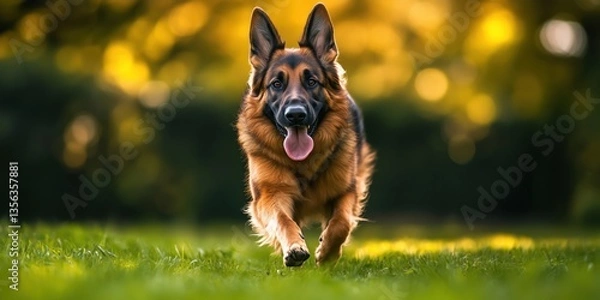 Fototapeta German shepherd running joyfully in a sunlit park with blurred background