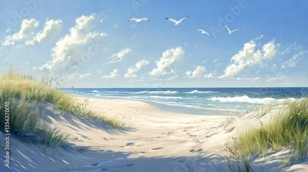 Fototapeta Serene coastal vista with soaring gulls and gentle ocean waves seascape
