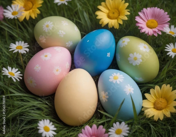 Fototapeta Uova pasquali colorate con colori pastello, adagiate su un prato