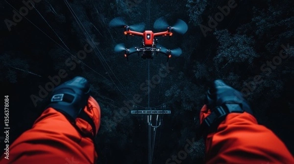 Fototapeta Aerial Drone Monitoring Power Lines from a Unique Perspective
