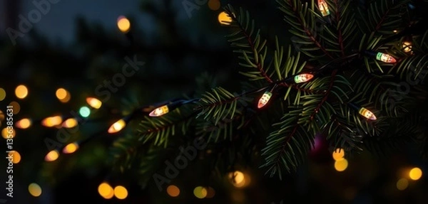 Fototapeta Twinkling LED Christmas lights strung along a dark evergreen branch, festival, yellow lights, festive lights