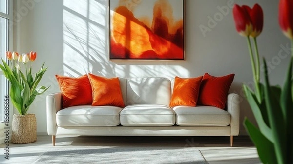 Fototapeta Cozy interior with bright sofa and vibrant tulips creating a warm atmosphere in a sunlit room