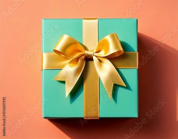 Obraz  A teal gift box, elegantly adorned with a golden ribbon and bow, sits against a coral back