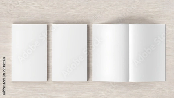 Fototapeta blank white open book, Brochure, magazine and Catalog Mockup isolated on light wooden background, 3d render