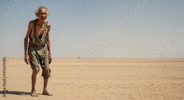Fototapeta An Elderly Man in the Vastness of the Desert: A Portrait of Resilience and Solitude Under a Clear Sky