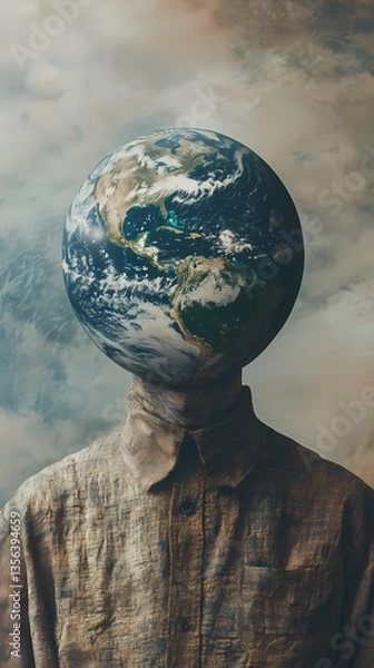 Fototapeta Human figure with head replaced by Earth floating in abstract clouds at surreal location