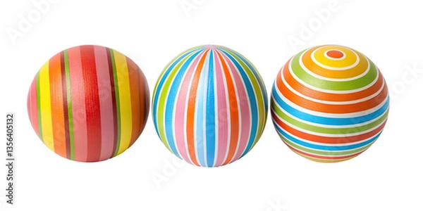 Fototapeta Three Different Style Vibrant Colorful Striped Ball on White - Colorful Ball, Vibrant Toy, Fun Ball Collection, Cut Out
