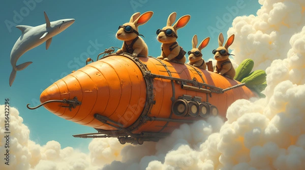 Obraz Four adventurous rabbits wearing goggles ride a flying carrot airship through fluffy clouds. A whimsical fantasy scene with cute animals, steampunk details, and a playful, imaginative atmosphere.