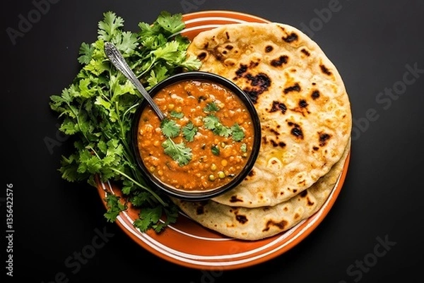 Obraz Traditional Indian Flatbreads, lentil curry bowl with Cilantro Garnish on Orange Plate