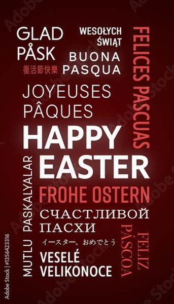 Fototapeta Vertical illustration of Happy Easter message in different languages - keywords cloud with white and red text on dark background - vacation concept.