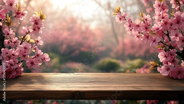 Fototapeta Rustic Wooden Tabletop Display with Blooming Cherry Blossoms Background, Spring Backdrop