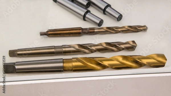 Fototapeta Twist drills with Morse taper shank. In the foreground is a drill with titanium nitride coating.
