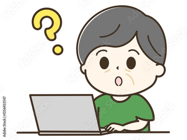 Fototapeta パソコンを使ってはてなと疑問を持つおじいさんの上半身のゆるかわイラスト