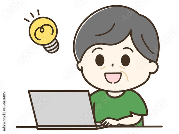 Obraz パソコンを使ってひらめく笑顔のおじいさんの上半身のゆるかわイラスト