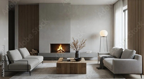 Obraz Interior of light living room with sofas, rattan table and soft carpet