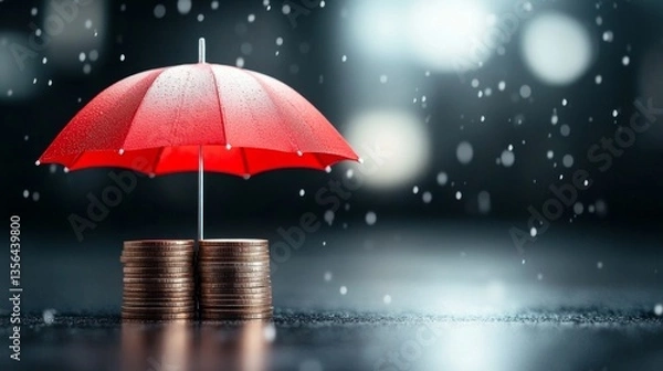 Obraz A small red umbrella provides protection over a stack of coins, symbolizing financial security and privacy during uncertain and rainy conditions. The scene evokes themes of safeguarding assets.