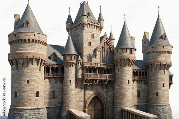 Obraz Majestic medieval castle, stone walls, towers, gatehouse, drawbridge.