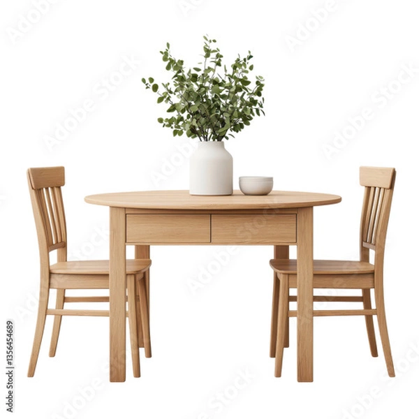 Fototapeta Round wooden dining table with two chairs, a vase with greenery, and a bowl. Interior design concept.