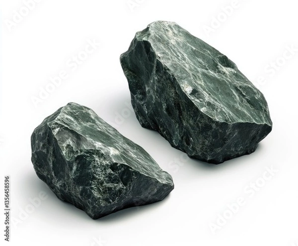 Fototapeta Two dark green rocks, different sizes,  isolated on white background.  Detailed stone textures