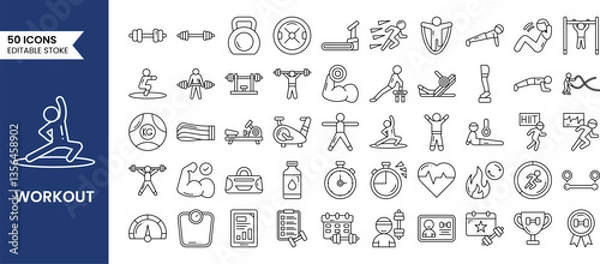 Fototapeta Fitness exercise workout line icons set. Vector illustrations