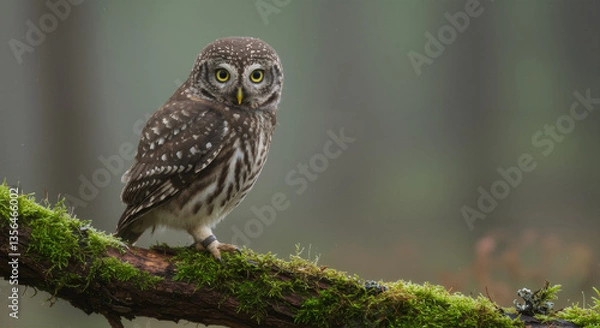 Fototapeta A spotted owlet sits on a mossy branch in a foggy forest.