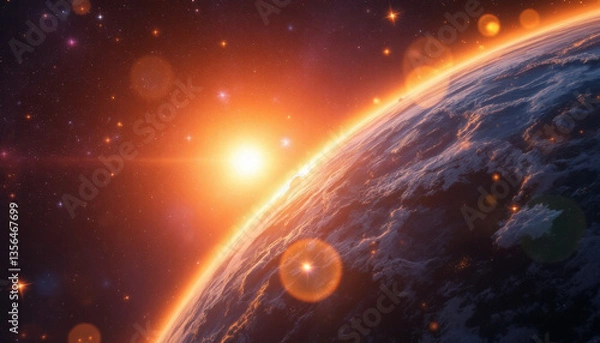 Obraz a stunning view of planet earth from space, featuring a vibrant sunrise and fiery horizon