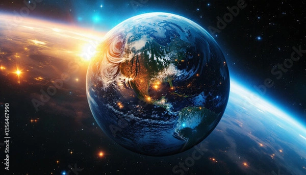Obraz a digital illustration of a vibrant blue planet with glowing city lights set again a backdrop of a colorful galaxy