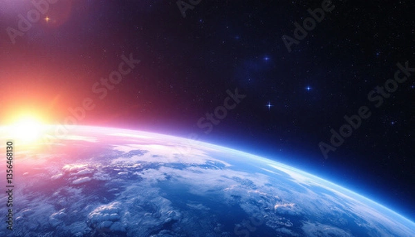 Obraz stunning view of earth  from space featuring a vibrant sunrise over the blue planet