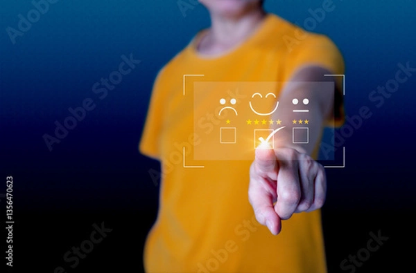 Obraz Close up woman hand show the smile face emoticon on the virtual touch screen ,give five star symbol, Customer service and business satisfaction survey.