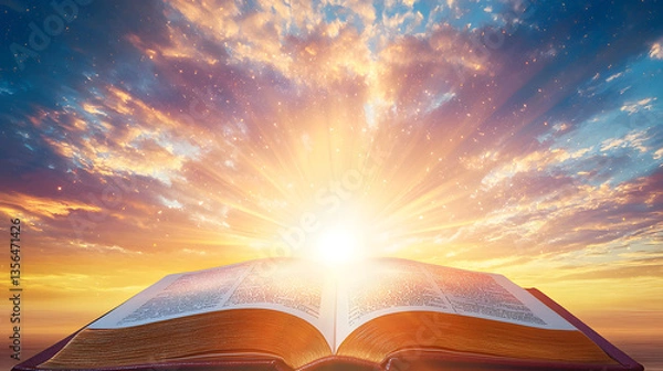 Fototapeta A Bible illustration with an open book in a serene paradise setting, evoking spiritual peace and divine wisdom in a landscape art style.
