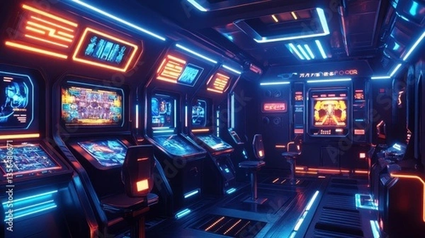 Fototapeta Explore thrilling adventures in a high-tech arcade room located inside a futuristic space station, featuring floating holographic game machines and mesmerizing glowing lights