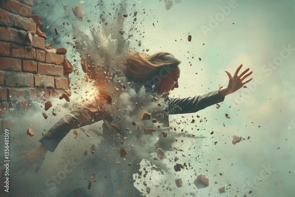 Fototapeta An imaginative scene of a businesswoman breaking through a brick wall, symbolizing perseverance, determination, and the ability to overcome obstacles in business and entrepreneurship