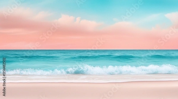 Fototapeta Serene Beach Landscape with Gentle Waves and Colorful Sky at Dusk, Perfect for Relaxation and Nature Inspired Projects