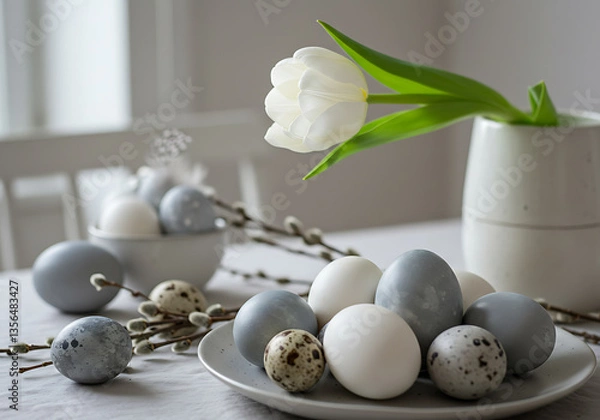 Fototapeta A peaceful Easter scene featuring naturally dyed eggs, delicate willows, and a single white tulip.